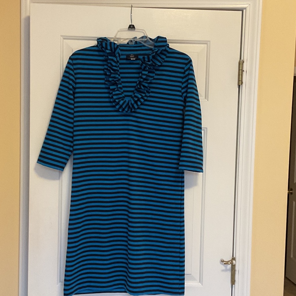 Striped Blue Dress with Ruffle Neckline